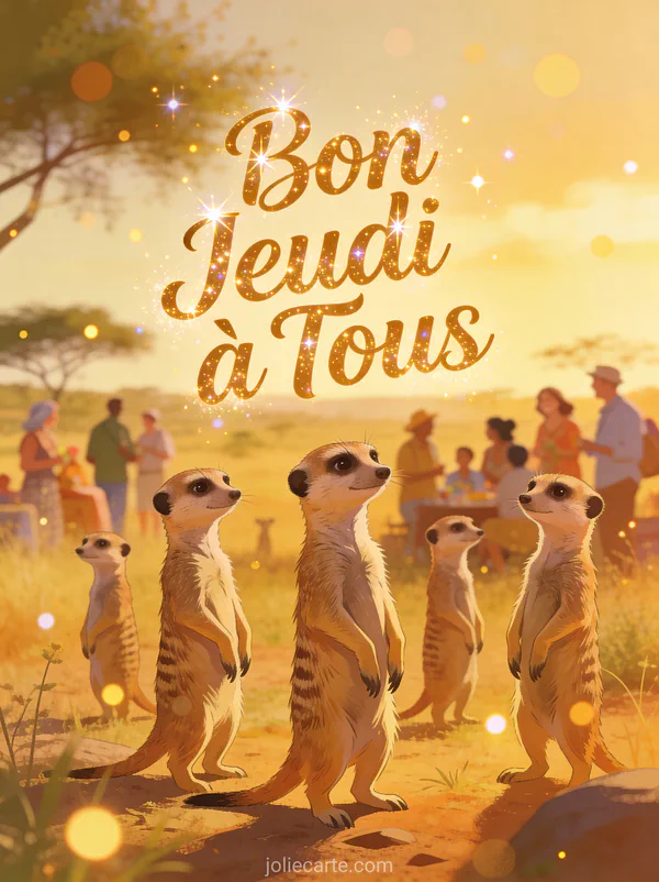 Groupe de suricates debout en alerte dans savane a l heure doree texte Bon Jeudi a Tous