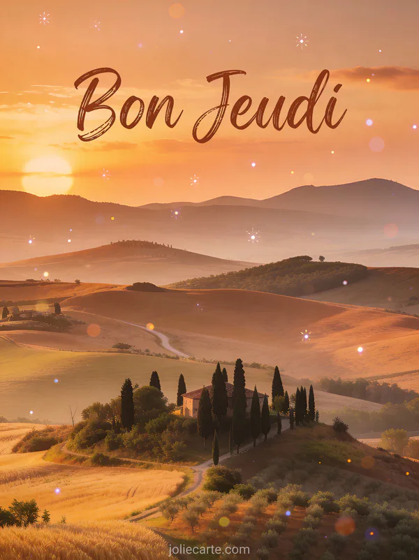 Vue panoramique collines toscanes avec cypres et champs de ble dore au coucher du soleil texte Bon Jeudi