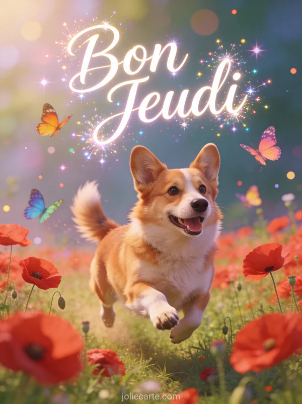 Corgi joyeux bondissant dans champ de coquelicots avec papillons texte Bon Jeudi