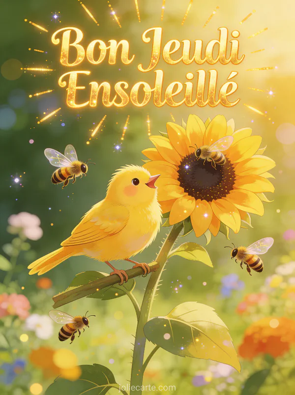 Canari jaune chantant sur tige de tournesol avec abeilles dans jardin ensoleille texte Bon Jeudi Ensoleille