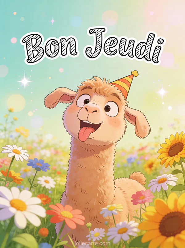 Lama rigolo avec petit chapeau de fete tirant la langue dans champ de fleurs texte Bon Jeudi