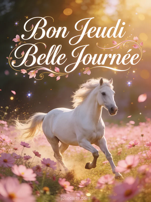 Cheval blanc galopant dans champ de cosmos roses a l heure doree texte Bon Jeudi Belle Journee