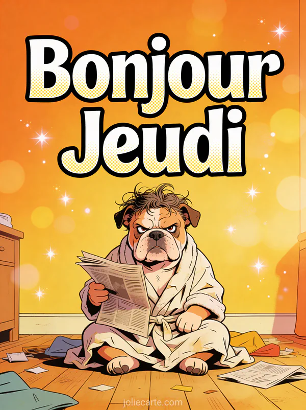 Bulldog grognon avec poils en bataille en peignoir tenant journal texte Bonjour Jeudi