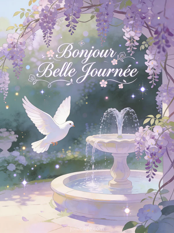 Colombe blanche survolant jardin de glycines en fleurs avec fontaine texte Bonjour Belle Journee