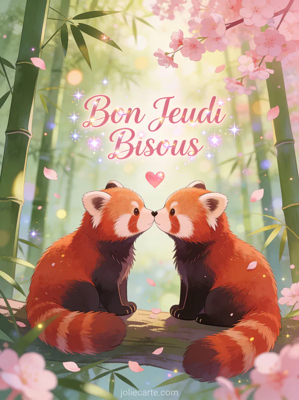 Deux pandas roux touchant leurs nez dans foret de bambou avec fleurs de cerisier texte Bon Jeudi Bisous