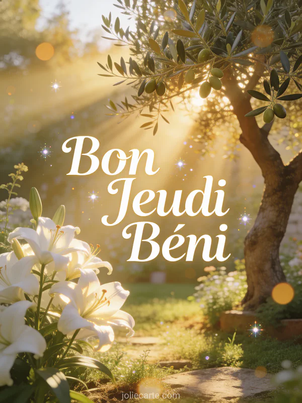 Jardin paisible avec olivier et lys blancs illumines par rayons de soleil matinaux texte Bon Jeudi Beni