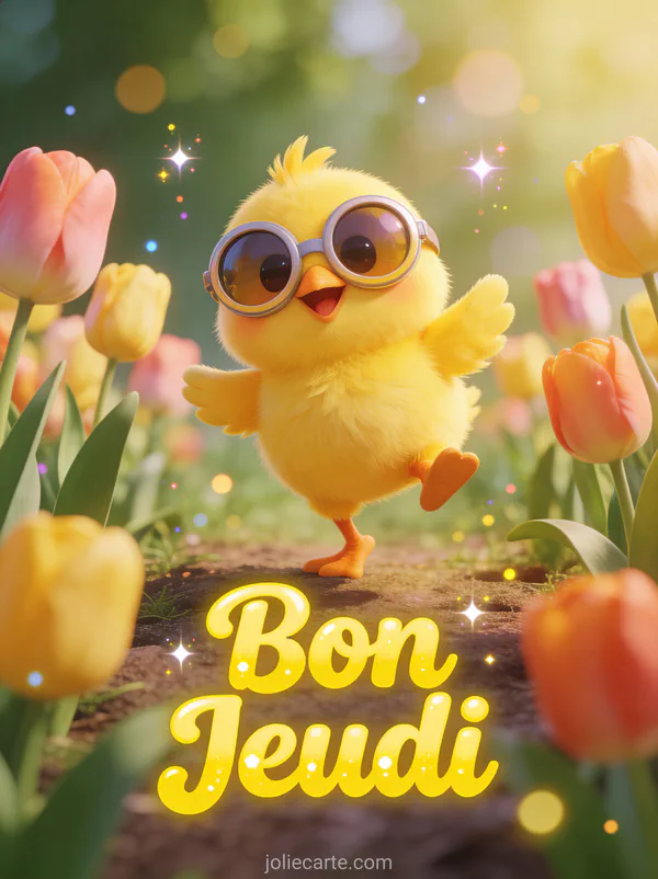 Poussin jaune joyeux avec grandes lunettes rondes dansant parmi tulipes texte Bon Jeudi
