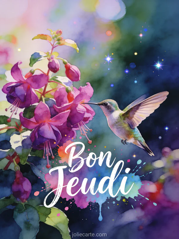 Colibri volant pres de fleurs de fuchsia roses et violettes texte Bon Jeudi