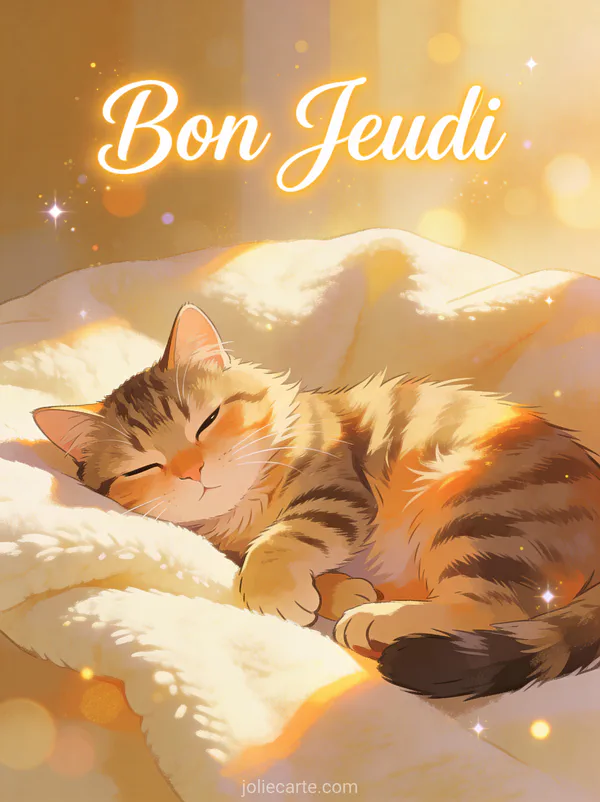 Chat tigre pelucheux couche dans rayon de soleil sur couverture douce texte Bon Jeudi