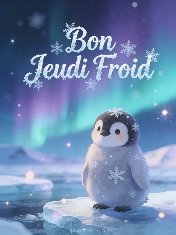 Bebe manchot pelucheux avec flocons sur plumes sur glace avec aurores boreales texte Bon Jeudi Froid