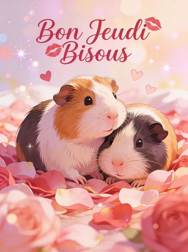 Deux cochons d Inde blottis ensemble dans lit de petales de rose avec coeurs texte Bon Jeudi Bisous