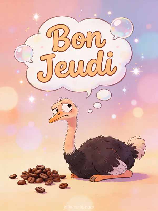 Autruche avec tete penchee et expression confuse pres de grains de cafe texte Bon Jeudi