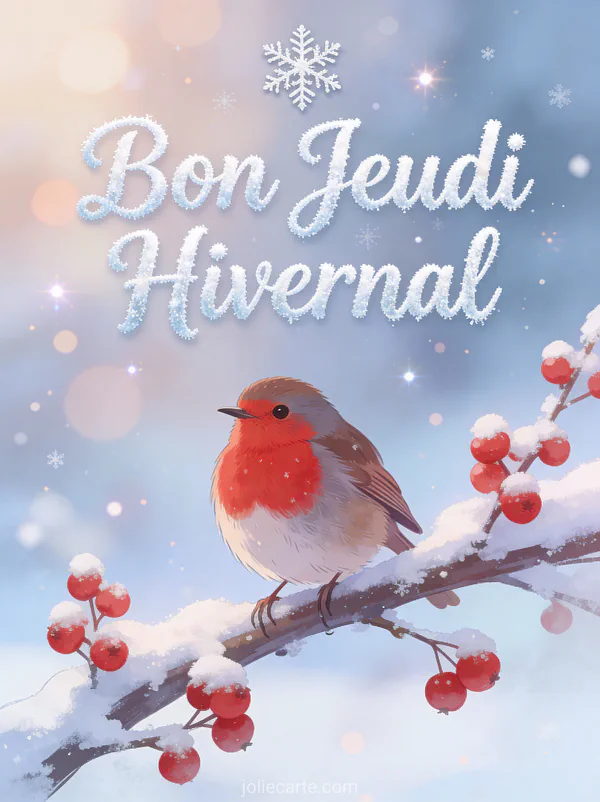 Rouge-gorge sur branche enneigee avec baies rouges d hiver texte Bon Jeudi Hivernal