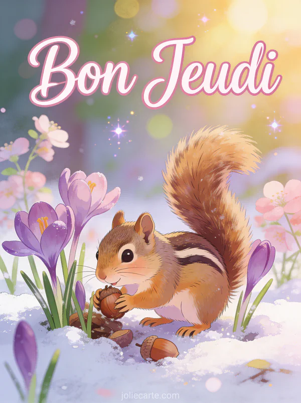 Tamia ramassant glands parmi crocus violets emergeant de la neige texte Bon Jeudi