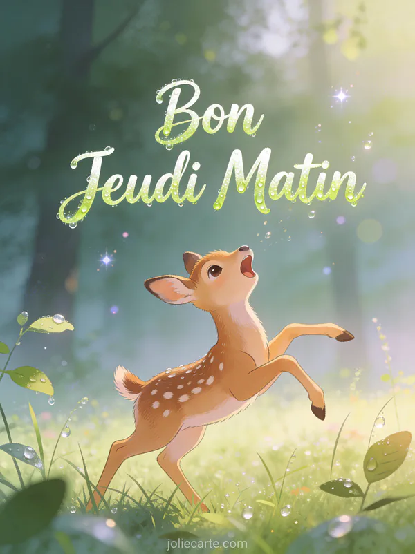 Bebe faon s etirant et baillant dans prairie brumeuse a l aube texte Bon Jeudi Matin