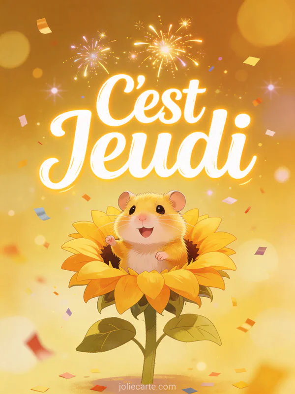 Hamster dore joyeux sortant d un tournesol avec confettis texte C est Jeudi
