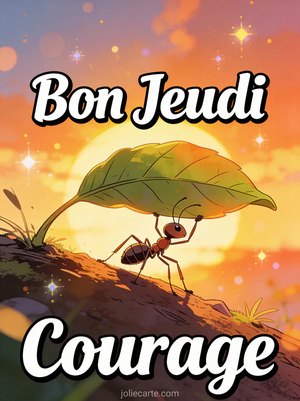 Fourmi determinee portant feuille geante montant colline avec lever de soleil epique texte Bon Jeudi Courage