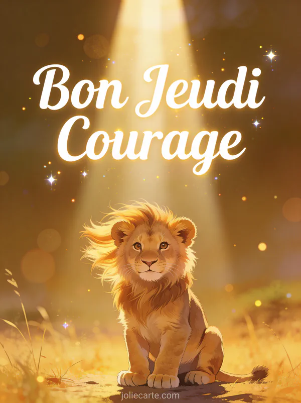 Lionceau fier assis avec criniere au vent dans lumiere doree de savane texte Bon Jeudi Courage