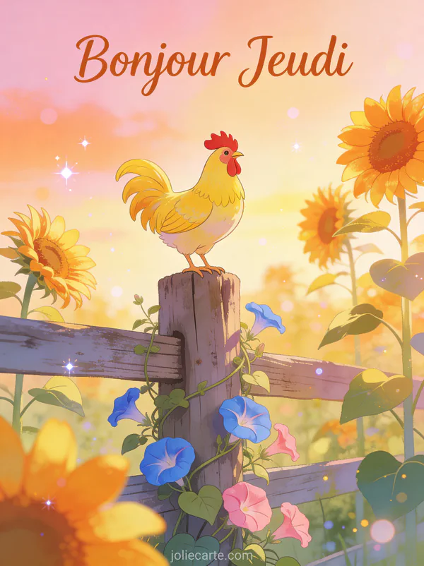 Coq chantant sur poteau de cloture avec tournesols et ipomees au lever du soleil texte Bonjour Jeudi