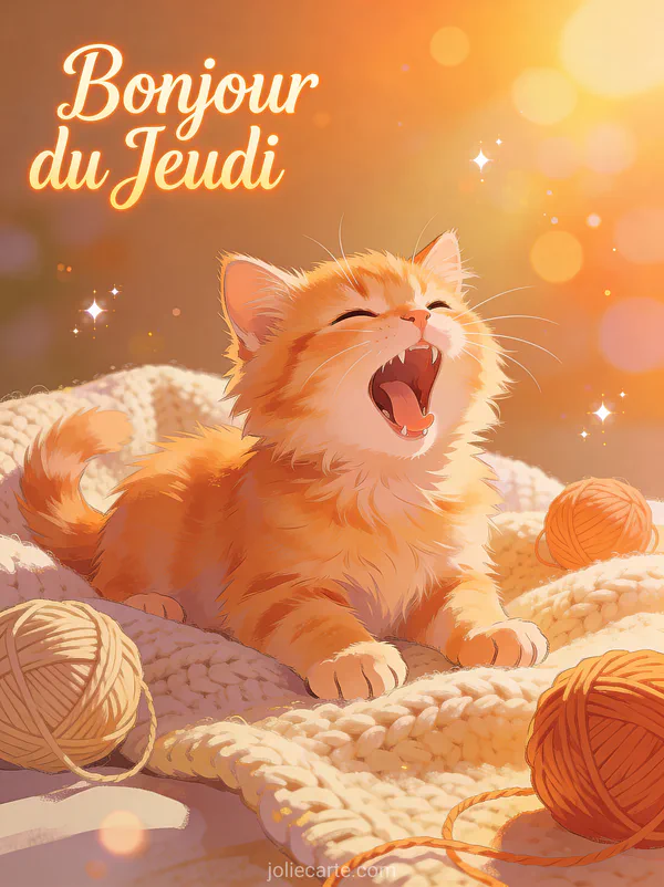 Chaton roux baillant sur couverture tricotee avec pelotes de laine texte Bonjour du Jeudi