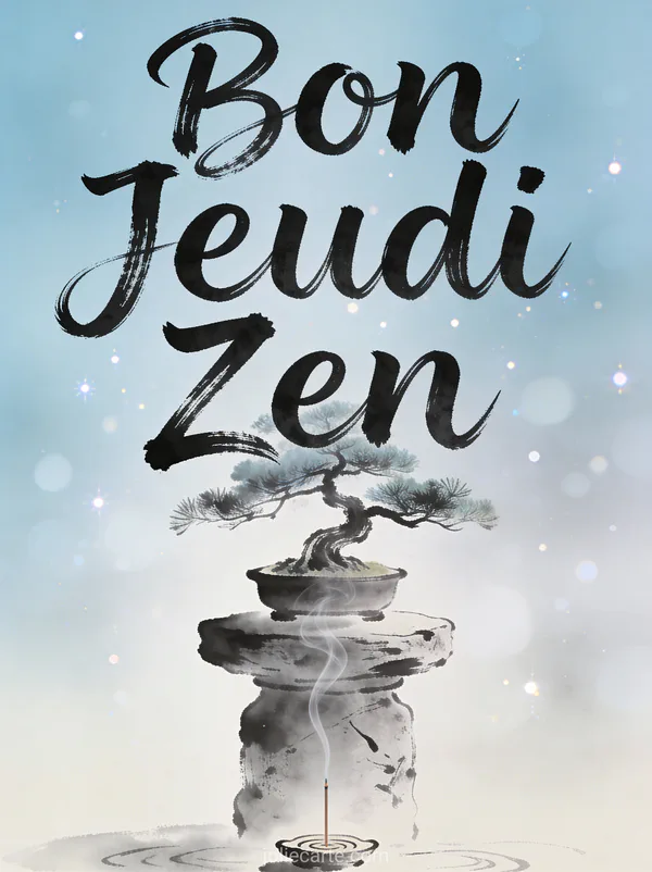 Bonsai sur piedestal de pierre avec fumee d encens montant doucement texte Bon Jeudi Zen