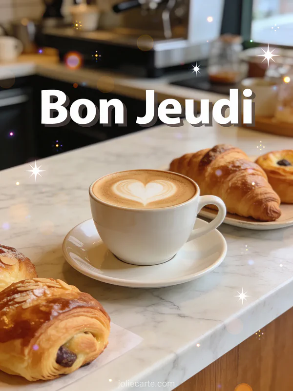 Tasse de latte art avec coeur sur comptoir en marbre avec patisseries texte Bon Jeudi