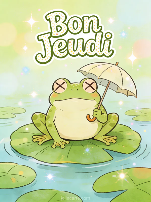 Grenouille aux yeux croises sur nenuphar tenant petit parapluie texte Bon Jeudi