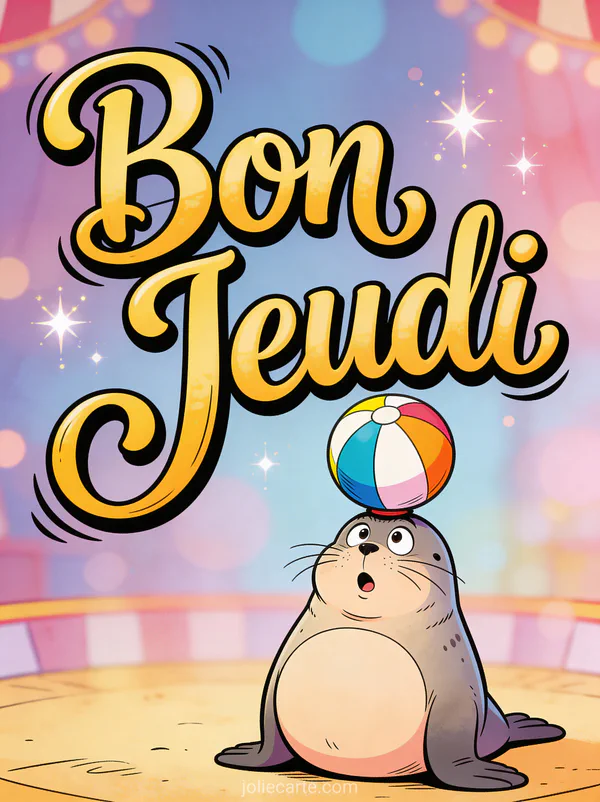 Phoque dodu equilibrant ballon de plage sur son nez avec expression surprise texte Bon Jeudi