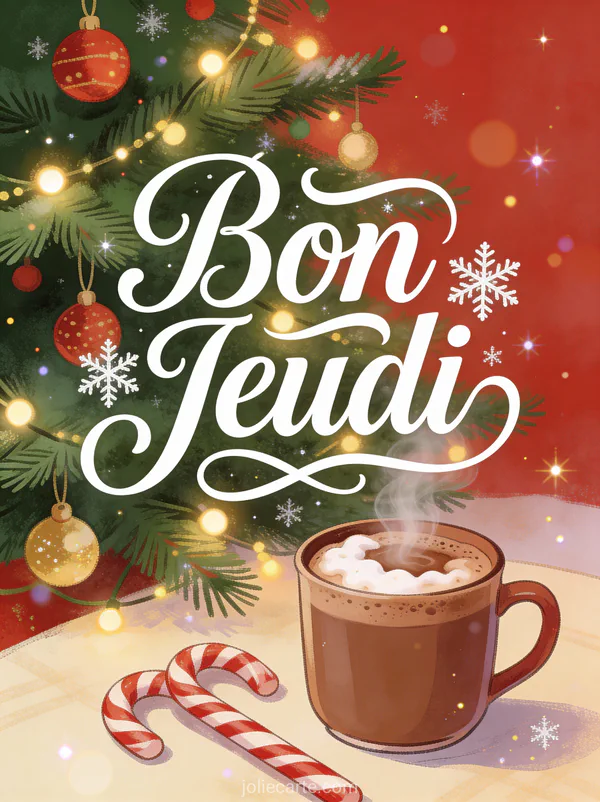 Chocolat chaud et sucres d orge pres de sapin de noel decore avec guirlandes texte Bon Jeudi