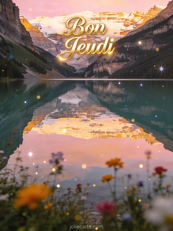 Paysage de montagne au lever du soleil avec lac cristallin et fleurs sauvages avec le texte Bon Jeudi