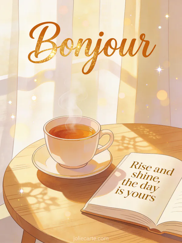 Tasse de thé fumante sur table en bois avec livre ouvert et lumière matinale avec le texte Bonjour