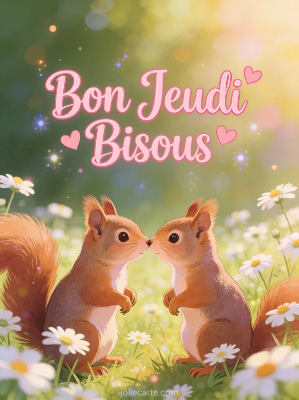 Deux écureuils qui se font un bisou dans un pré de marguerites avec le texte Bon Jeudi Bisous