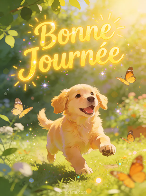 Chiot golden retriever jouant dans un jardin ensoleillé avec papillons et le texte Bonne Journée