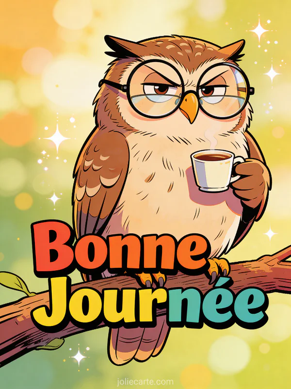 Hibou grognon avec lunettes tenant une tasse de café sur une branche avec le texte Bonne Journée