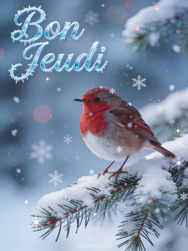 Rouge-gorge sur branche de sapin enneigée avec flocons tombant et le texte Bon Jeudi