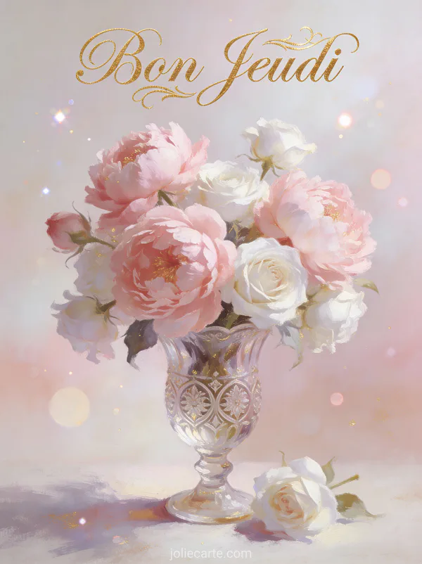 Bouquet de pivoines roses et roses blanches dans vase cristal vintage avec le texte Bon Jeudi