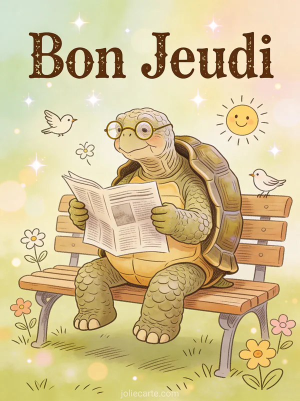 Tortue avec lunettes lisant un journal sur un banc de parc avec le texte Bon Jeudi