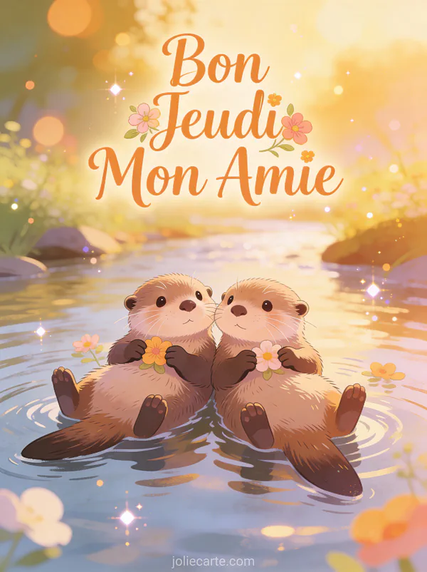 Deux loutres flottant ensemble en se tenant la patte dans une rivière paisible avec le texte Bon Jeudi Mon Amie