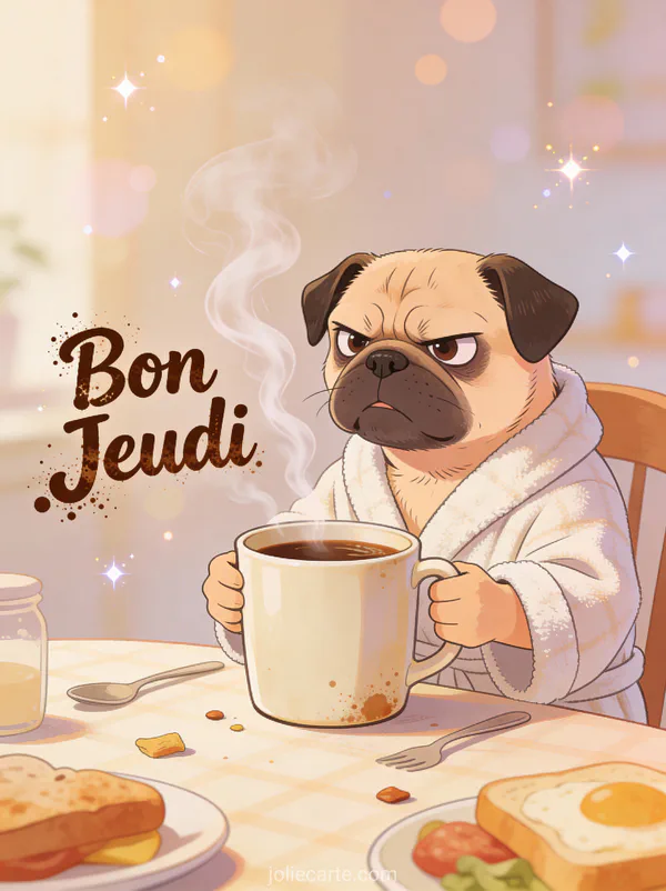 Carlin grognon en peignoir tenant une énorme tasse de café à table avec le texte Bon Jeudi