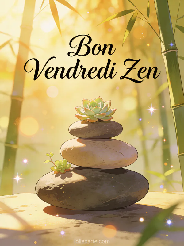 Pierres zen empilées en équilibre avec succulentes et bambou, texte Bon Vendredi en calligraphie dorée