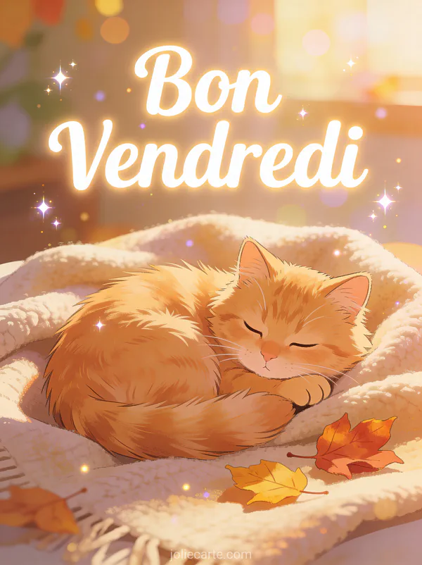 Chat roux adorable blotti sur une couverture douillette avec feuilles d'automne et texte Bon Vendredi