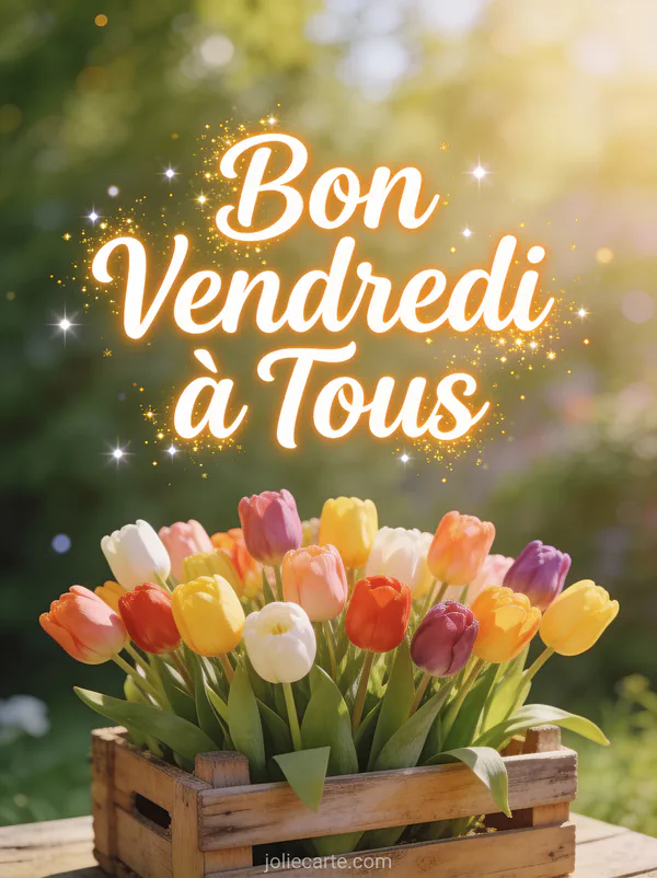 Tulipes colorées dans une caisse en bois rustique avec texte Bon Vendredi à Tous en lettres dorées