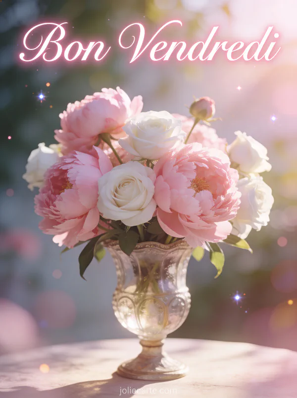 Pivoines roses et roses blanches dans un vase vintage avec texte Bon Vendredi en lettres élégantes
