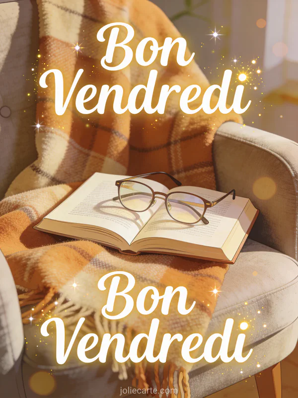 Livre ouvert avec lunettes sur fauteuil douillet et plaid chaud avec texte Bon Vendredi en calligraphie dorée