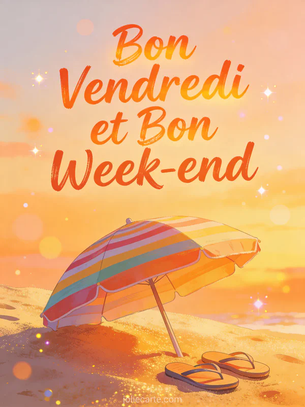 Parasol coloré et tongs sur sable doré de plage avec texte Bon Vendredi et Bon Week-end