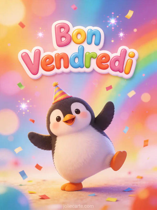 Pingouin dansant avec chapeau de fête et confettis colorés avec texte Bon Vendredi animé