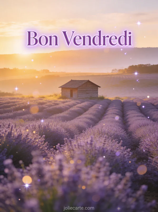 Champ de lavande au lever du soleil avec petite maison provençale et texte Bon Vendredi