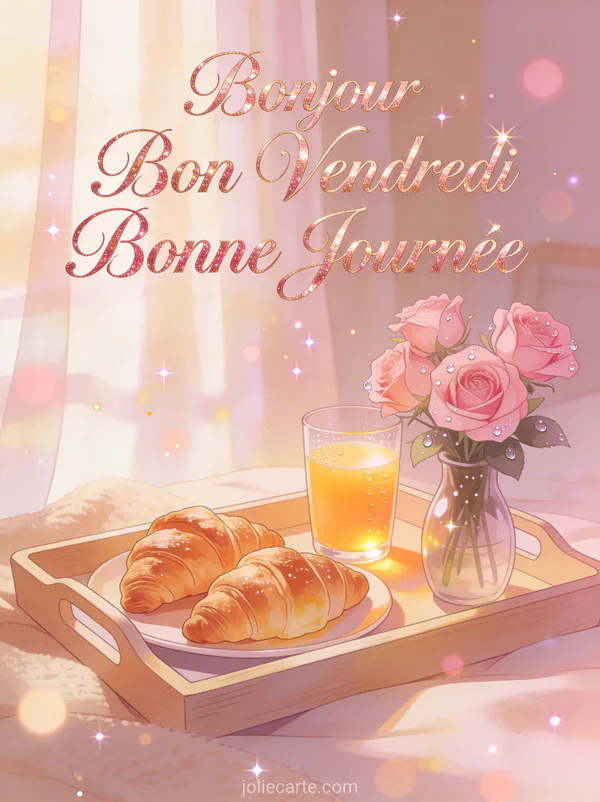 Plateau petit-déjeuner avec croissants jus d'orange et roses avec texte Bonjour Bon Vendredi