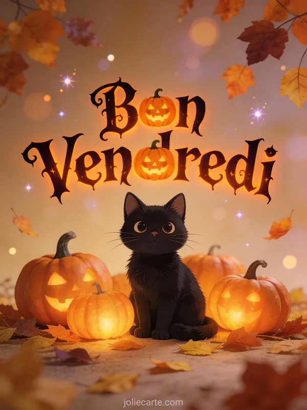 Chat noir mignon parmi citrouilles illuminées et feuilles d'automne avec texte Bon Vendredi gothique