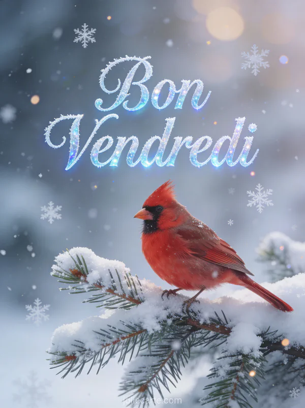 Cardinal rouge sur branche de sapin enneigée avec flocons qui tombent et texte Bon Vendredi givré
